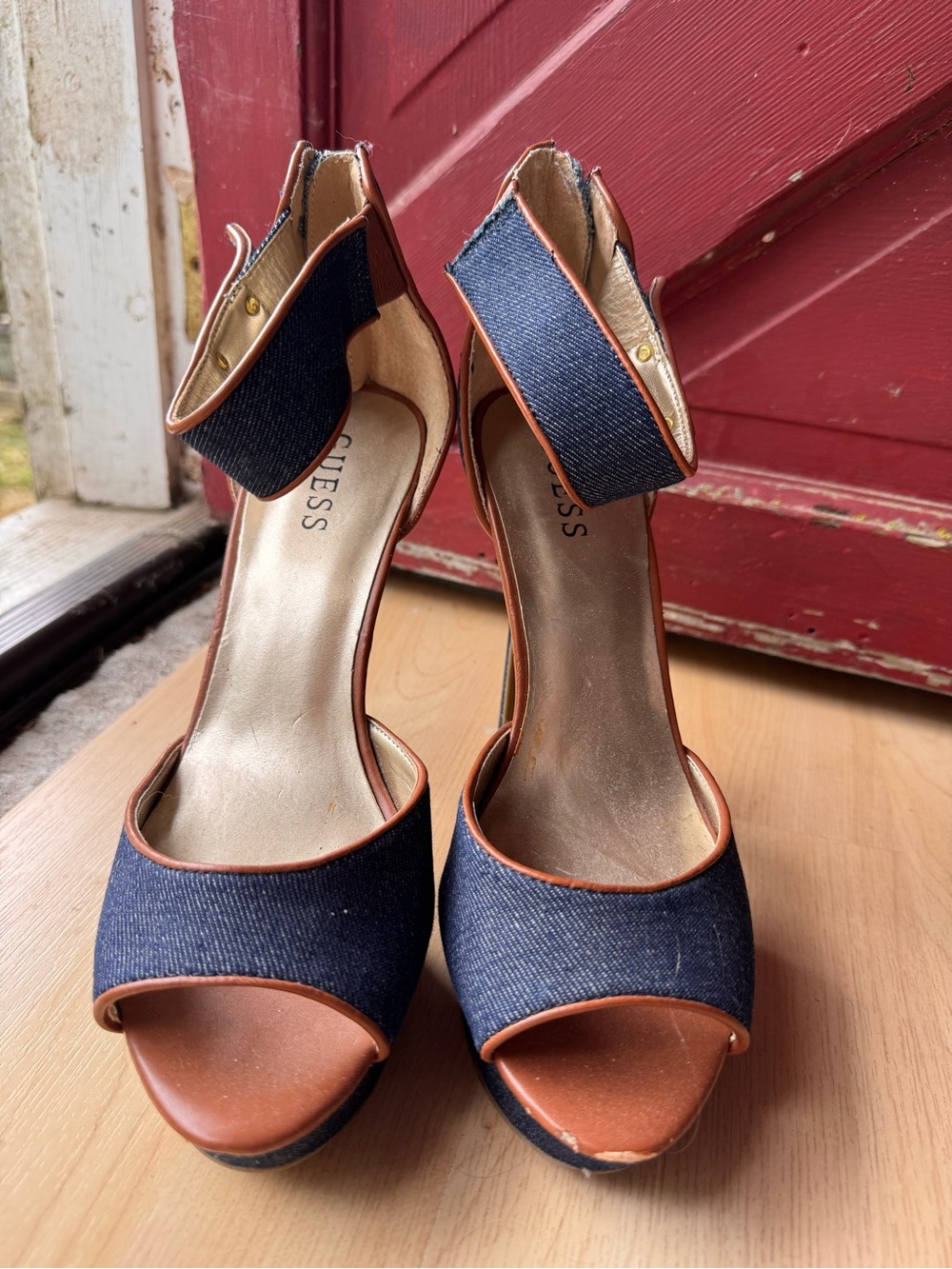 GUESS Denim and Tan Open-Toe Ankle-Strap Heels